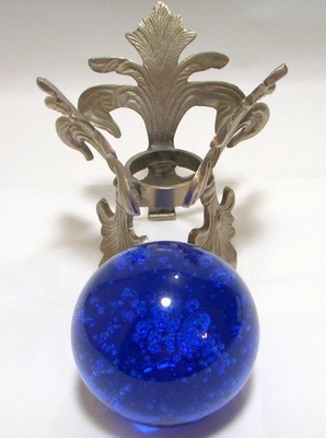 Fluer De Lis Garden Sphere Pewter Stand Blue Glass Ball