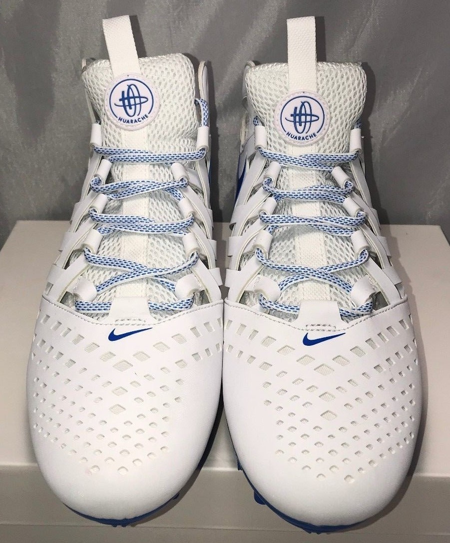 Nike Mens Size 12 Air Huarache Football Lacrosse Cleats White Royal Blue $100