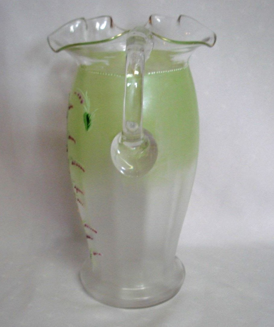 ANTIQUE VICTORIAN LIME GREEN SATIN GLASS&ENAMEL WHITE DAISY PITCHER&4 GLASSES