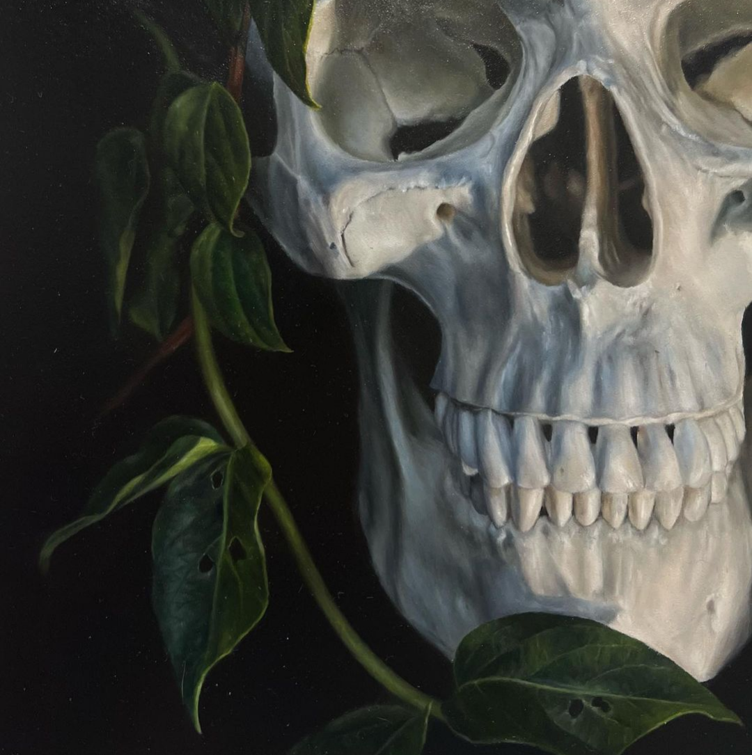 Oil Painting of Skull Wrapped in Green Leaves "What is Left" 12 x 12