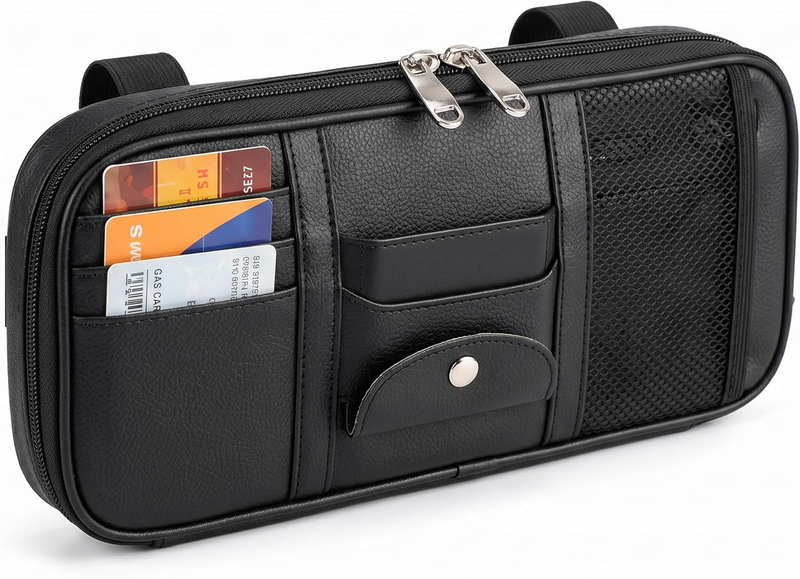 Car Sun Visor Organizer Multi Pocket Storage Pouch with Zipper Black | PU Leathe