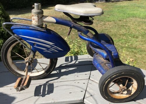 Old Vintage Murray Tricycle 1960s Electric Blue Double Step Airflow Streamline 