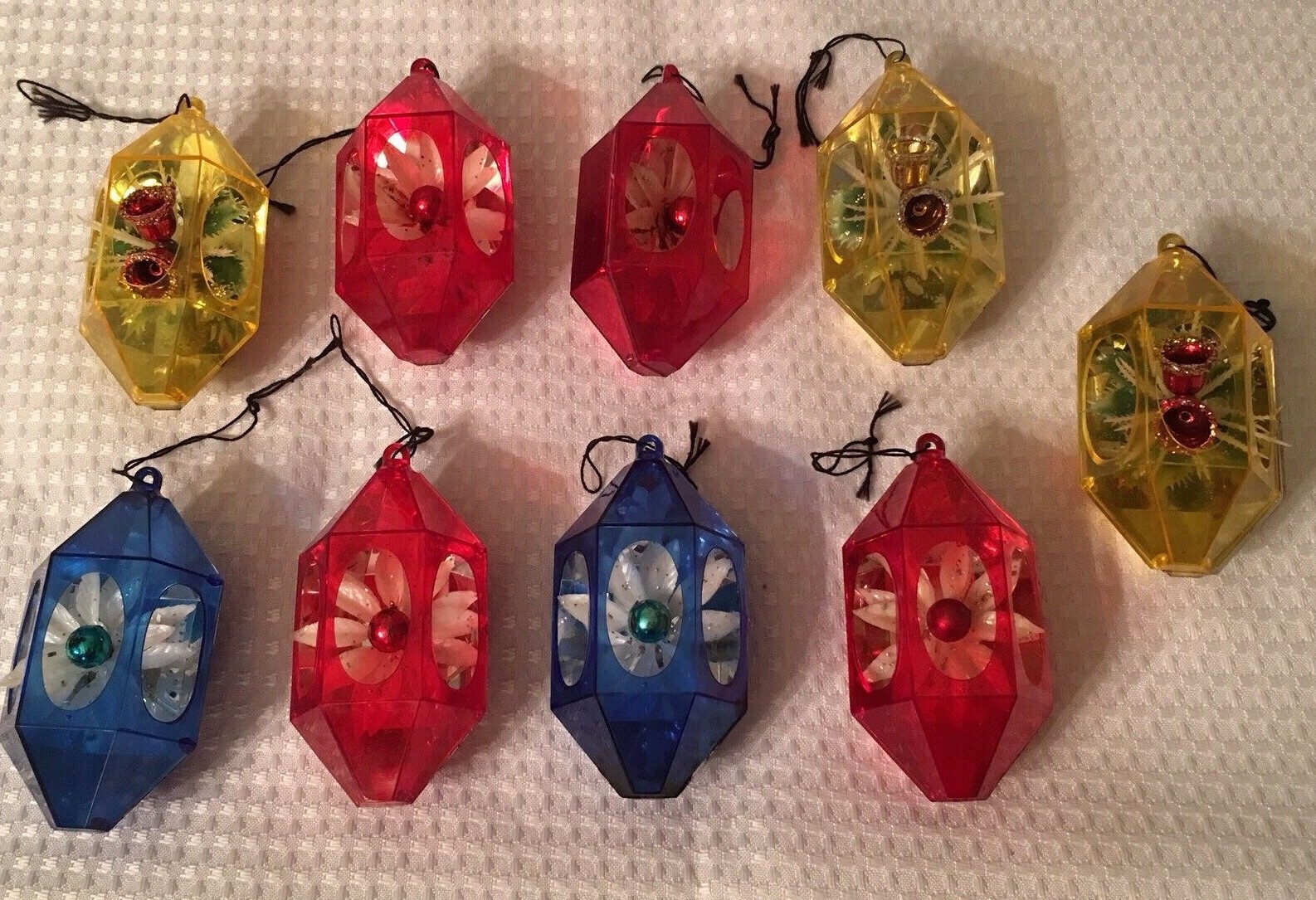 13 Vintage Diorama 3 D ornaments Tear Drop Plastic Poinsettias White Santa Bells