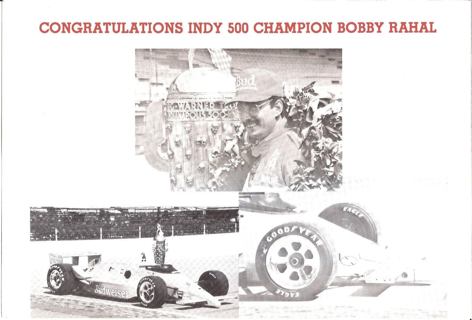 1986 BOBBY RAHAL signed BUDWEISER INDIANAPOLIS 500 PHOTO CARD POSTCARD INDY CAR