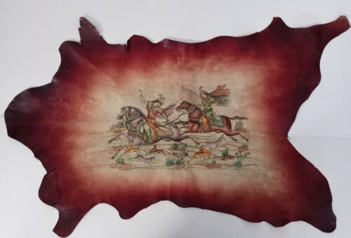 Painting on lamb skin/hide/leather Persian man & woman riding horses 