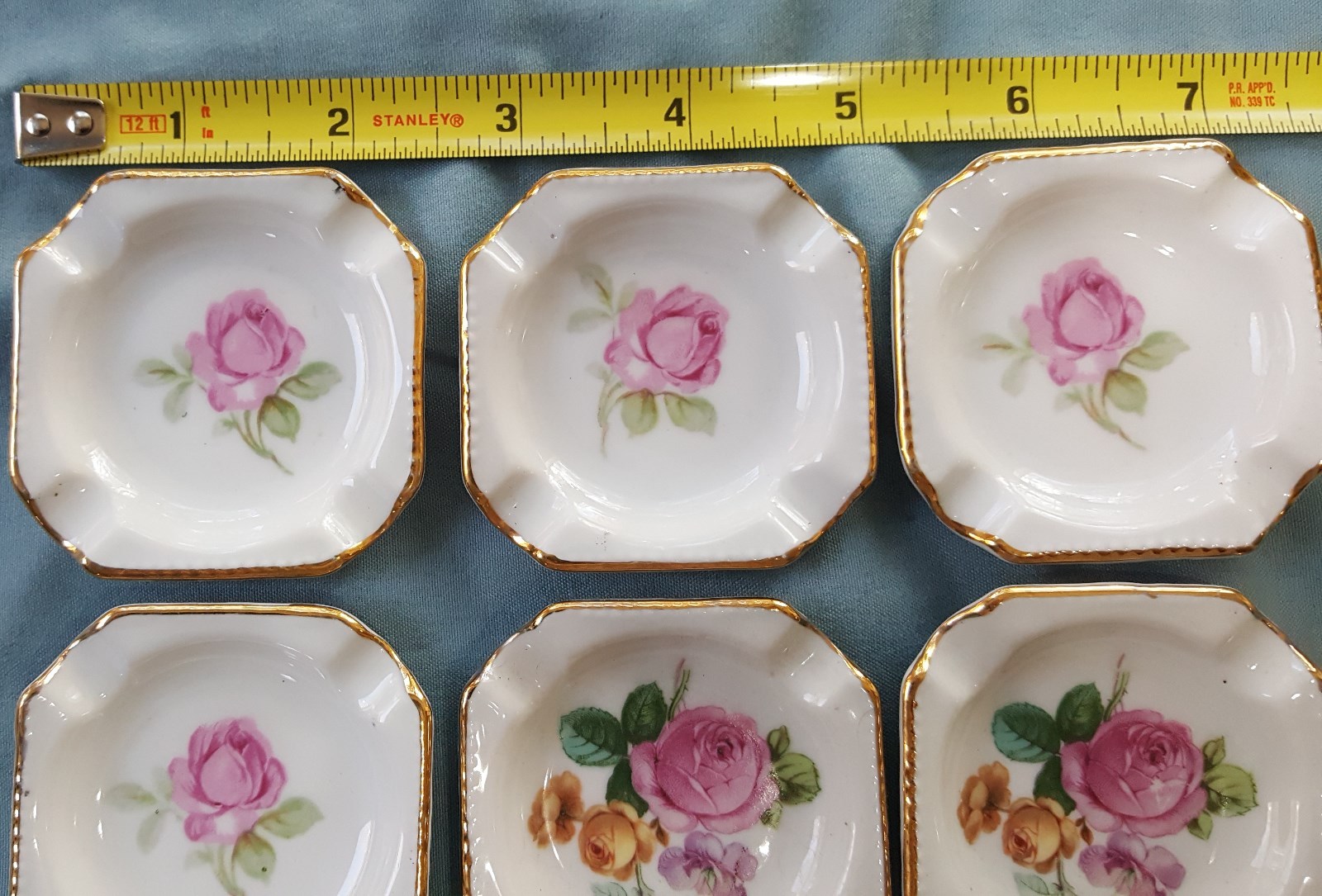 6 Germany Bavarian Porcelain Antique or Vintage Miniature Ashtrays w Roses