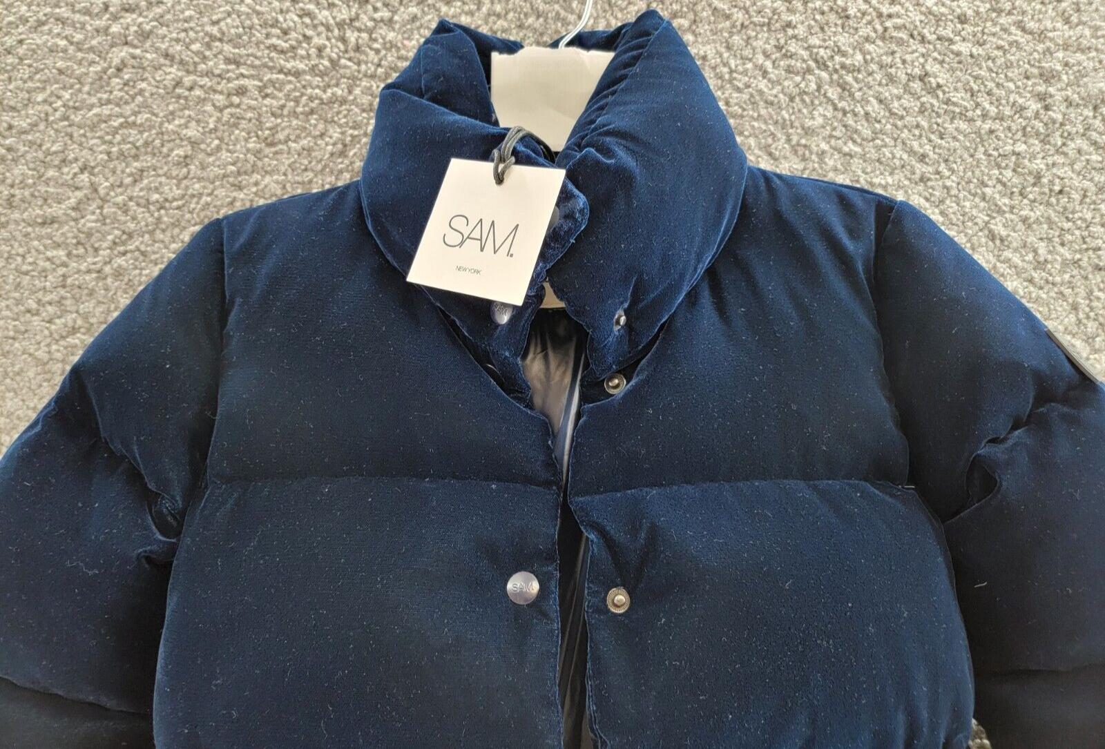 SAM. Sophia Velvet Puffer Jacket Girls 8 Navy Stand Collar Front Snap Closure - Picture 3 of 17