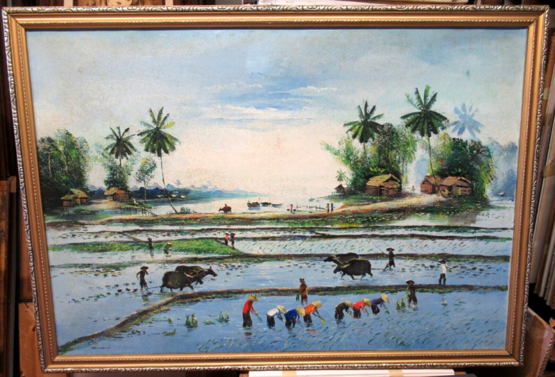Philippine People & Mules Rice Field Original Oil On Canvas Landscape Painting