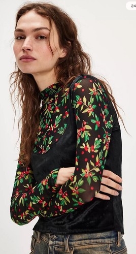Free People Holly Layering Twosie Velvet Mesh High Neck Printed Top S