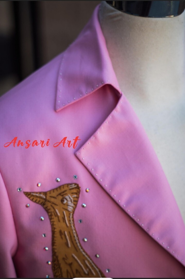 Pre-owned Art Men's 2 Piece Pink Country Western Embroidered Designer Blazer & Pant Suit Set
