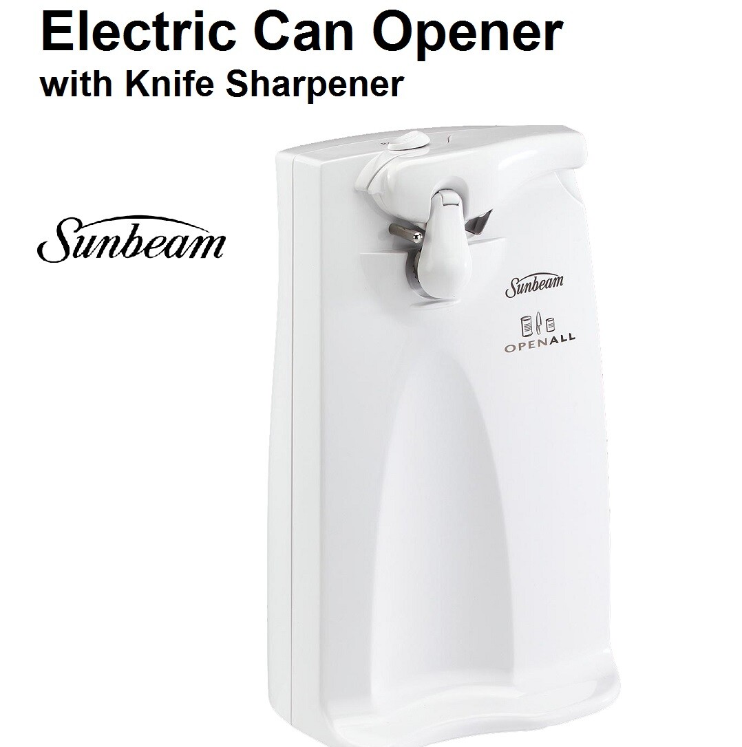 SUNBEAM Electric Can Opener 3in1 Knife Sharpener Bottle Opener All Size Cans NEW 9311445007358