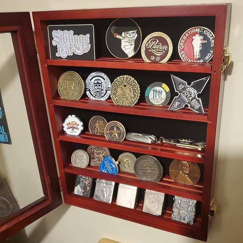 Challenge Coins Display Case HD Toughened Glass Door Coin Holder Wood Wall Mount