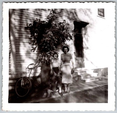 Vtg B&W Snapshot Three Women Girls With Bicycle By House Siding Fashion 1940s