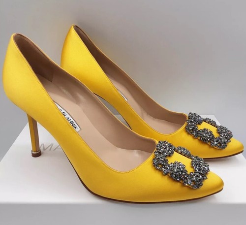 Pre-owned Manolo Blahnik Hangisi 90 Yellow Satin Jewel Buckle Pumps Heels Eu 37 Us 7 $1195