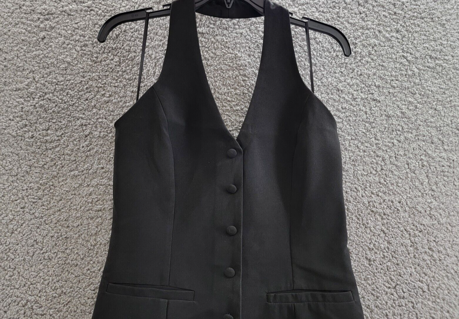 AQUA Halter Mini Dress Women's S Black Welt Pockets Faux Button Front Side Zip - Picture 3 of 15