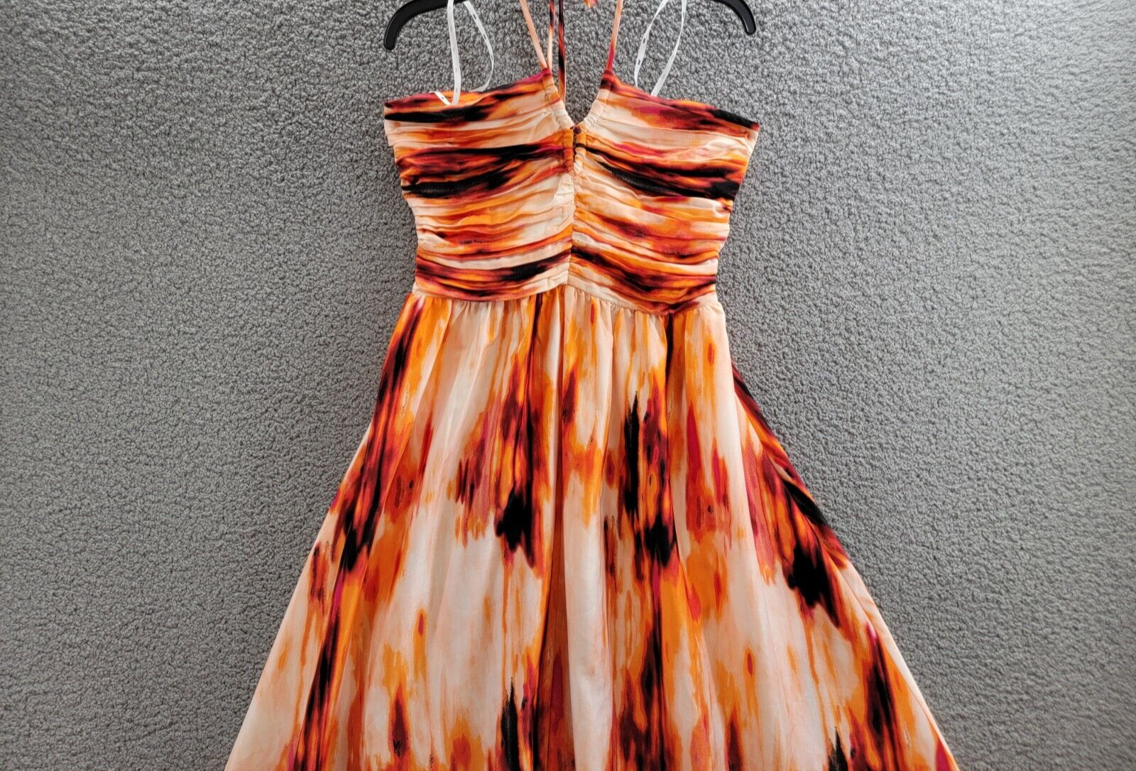 DKNY Printed Satin Strappy Halter Maxi Dress Women's M Orange Blossom Back Tie - Picture 3 of 15
