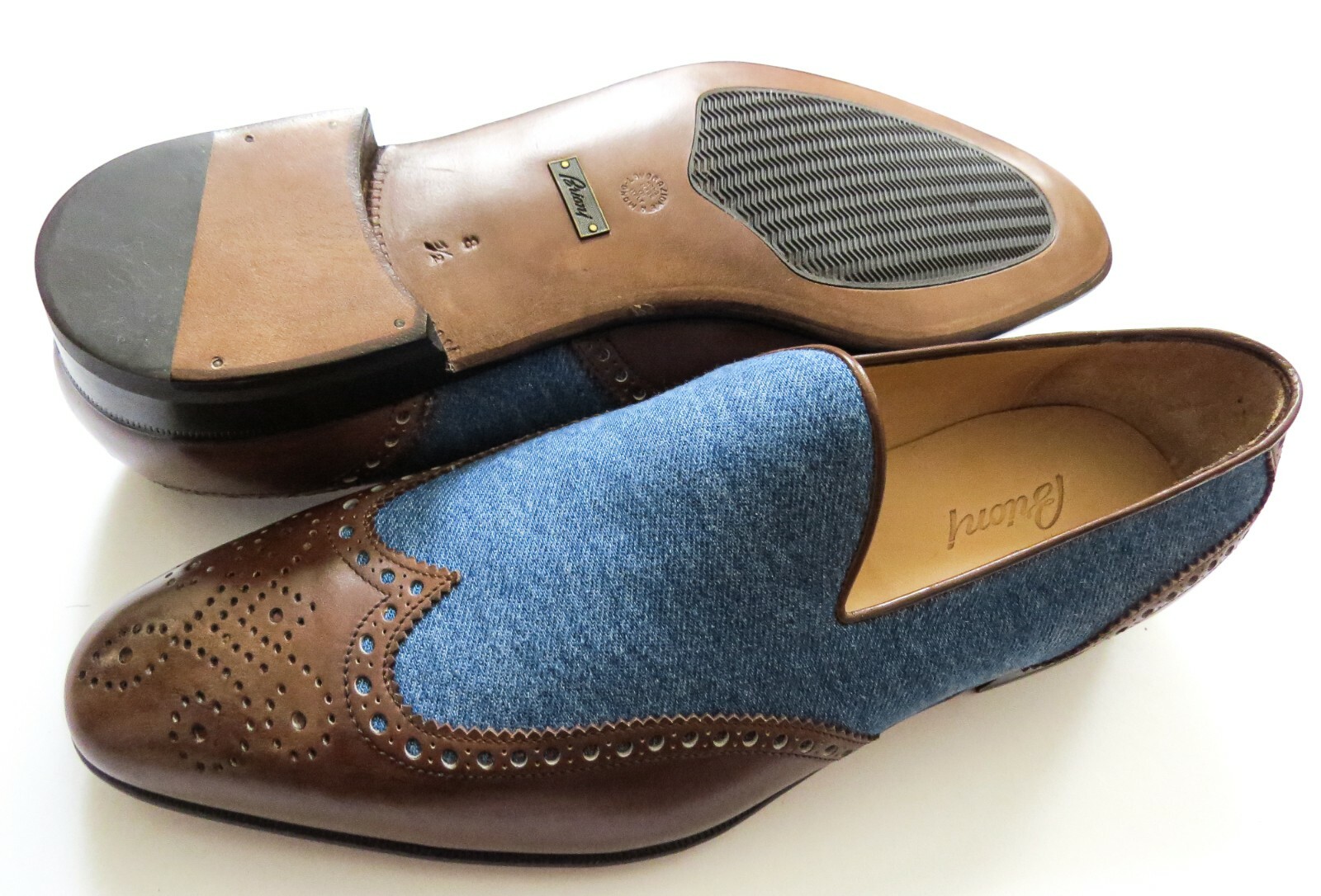 Pre-owned Brioni $1225  Brogue Two Tone Denim Leather Loafers Shoes 9.5 Us 42.5 Euro 8.5 Uk In Multicolor