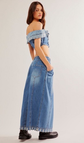 Комплект Free People Kora Джинсовый топ с открытыми плечами и юбка с вышивкой Синий 14 NWT