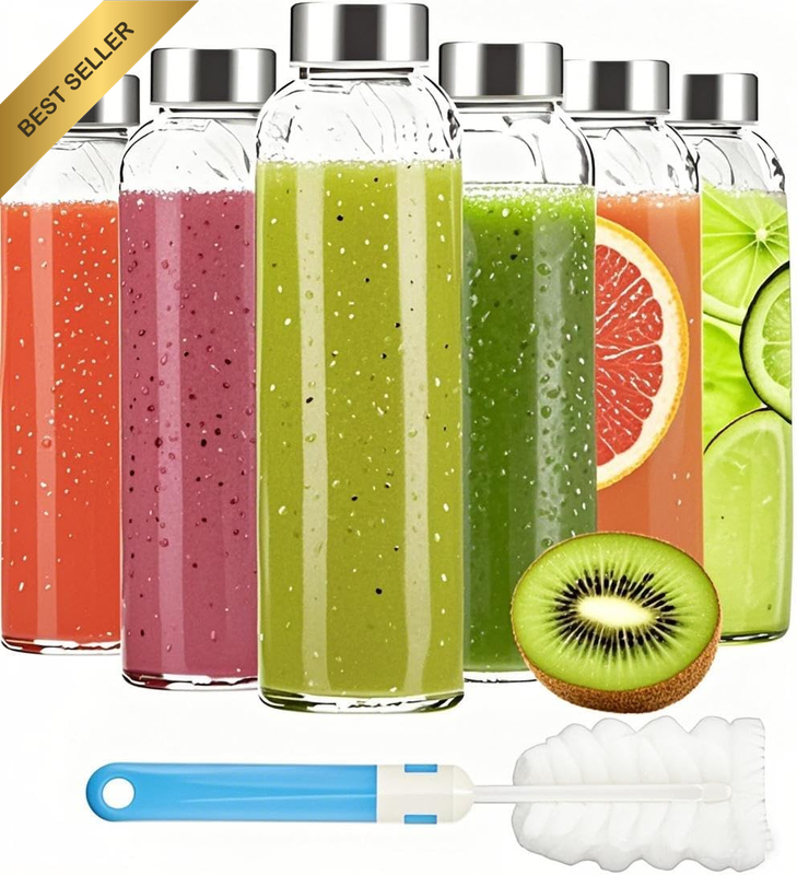 6 Pack 18Oz Glass Juice Bottles with Airtight Lids BPA Free Leakproof Reusable