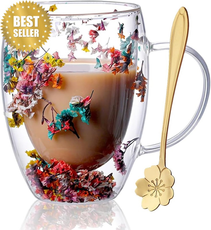 Dried Flower Double Wall Glass Cup,Aesthetic Flowers Coffee Mugs, Cute Tea Cups