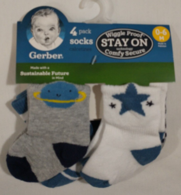 Gerber 4 Pack Wiggle Proof Stay On Socks Stars Planet Strips 0 6 Mo Newborn