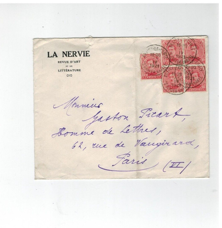 Lettre Belgique Braine Le Comte 1921 Bloc De 4 Timbres Plus Un