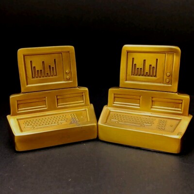 VTG Brass Computer Bookends-5''x3.75''x5''-Heavy-PM Craftsman Eaton Park FL-RETRO-