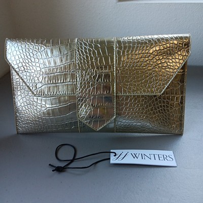JJ Winters Nikki Vegan Leather Metallic Envelope Clutch Purse Bag Gold Party NWT