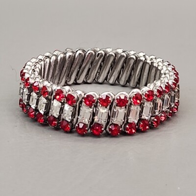 Rhinestone Expandable Bracelet Vtg Red Round Clear Glass Baguette Silver Tone