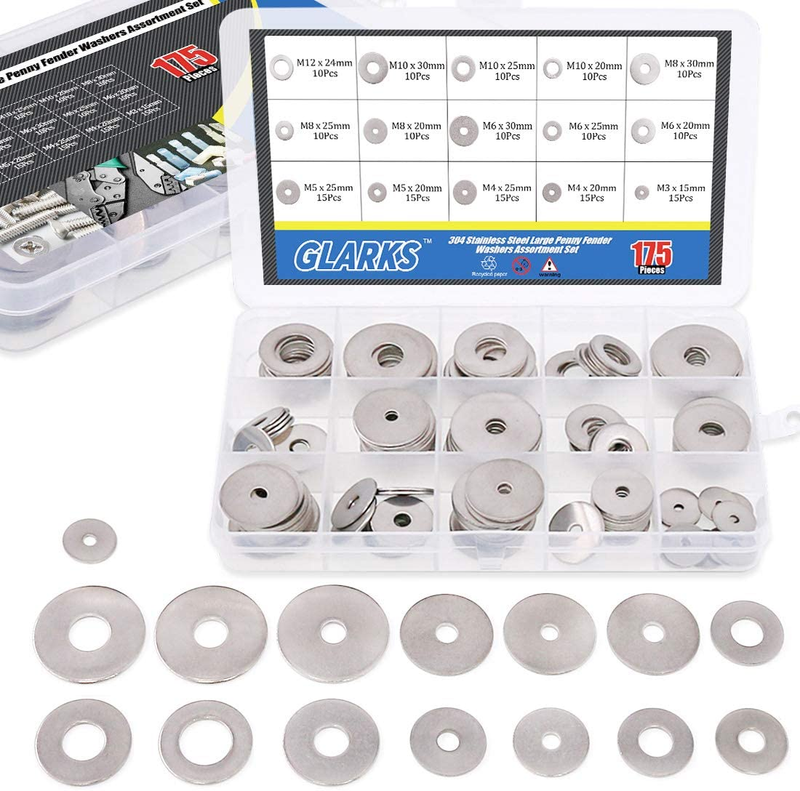 175Pcs 304 Stainless Steel Large Penny Fender Washers Assortment Set-M3, M4, M5,
