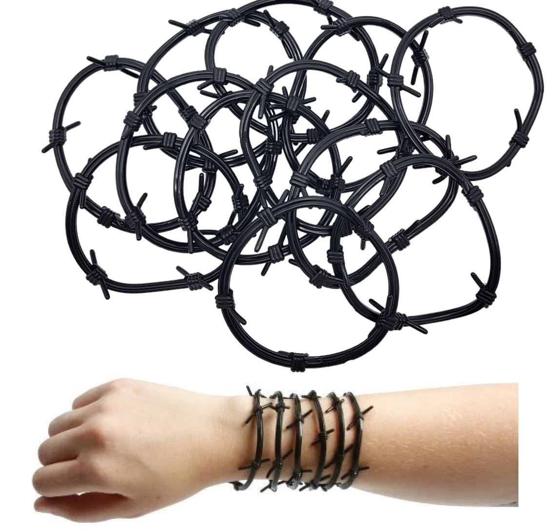 Black Barb Wire Bracelets for Kids Small Size Plastic. 12 Pack