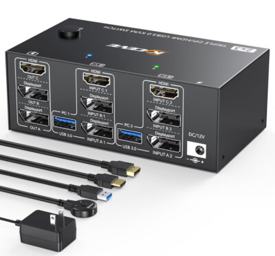 KVM Switch 3 Monitors 2 Computers, KCEVE USB 3.0 HDMI + DisplayPort 8K@30Hz/4k@