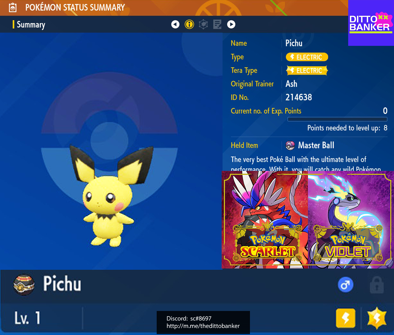 Pokemon Scarlet/Violet ✨SHINY PICHU Lv.1 Timid 6IV w/ Masterball FAST SEND!