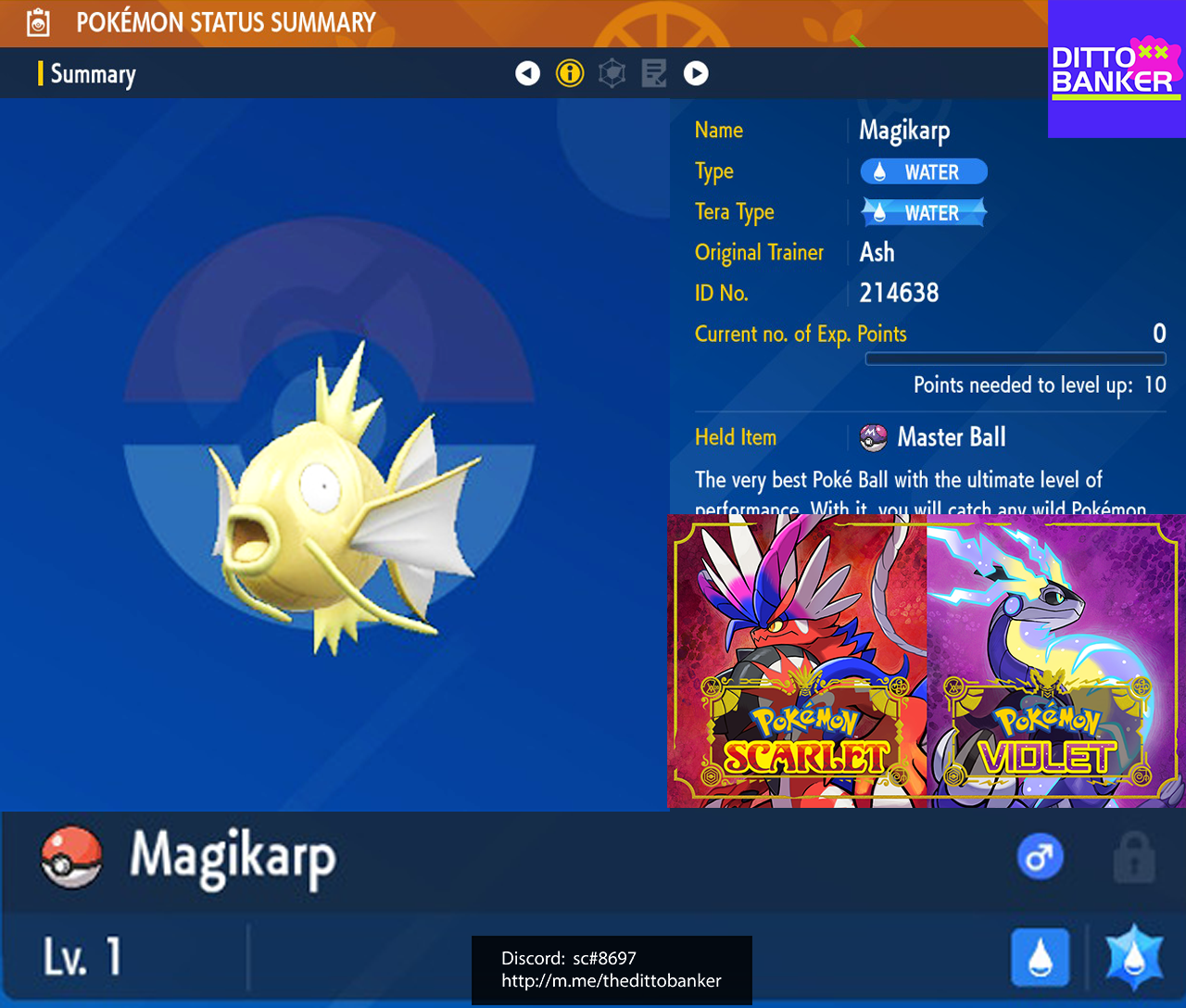Pokemon Scarlet/Violet ✨SHINY MAGIKARP Lv.1 ADAMANT 6IV w/ Masterball FAST SEND