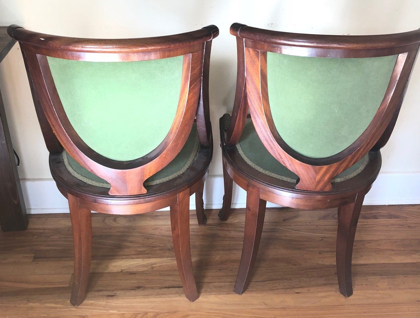 Pair of Antique Vintage Wooden & Brass HALL CHAIRS - Original Upholstery