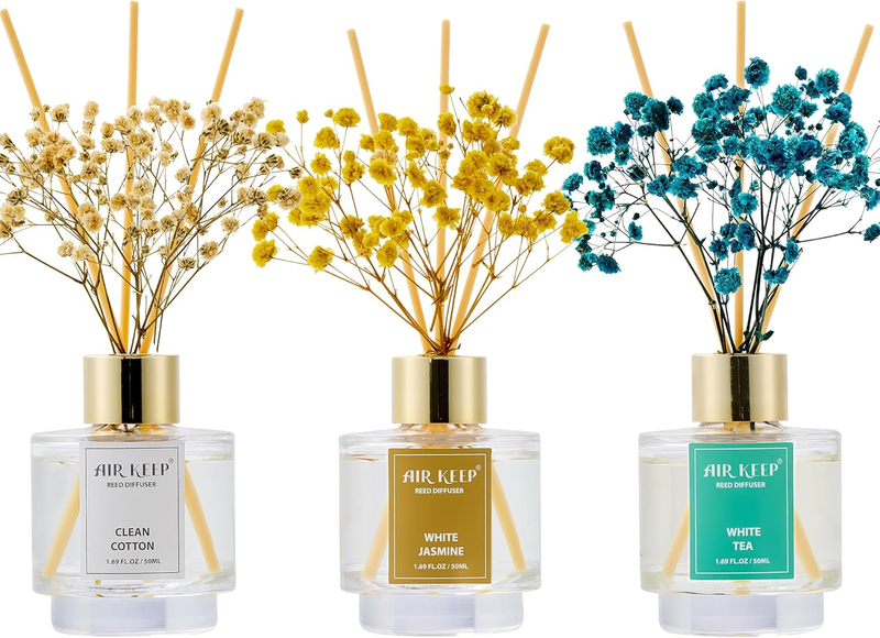 Reed Diffuser Set of 3,Clean Cotton White Jasmine White Tea Oil Reed Diffusers for Bedroom Living Room Office Aromatherapy Oil Reed Diffuser for Gift 50Ml X 3
