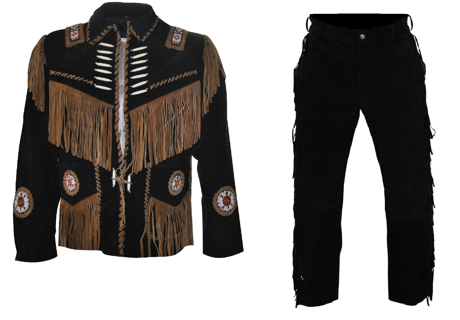 HANDMADE MENS WESTERN COWBOY BLACK SUEDE LEATHER FRINGES BEADED JACKET & PANT WJP24