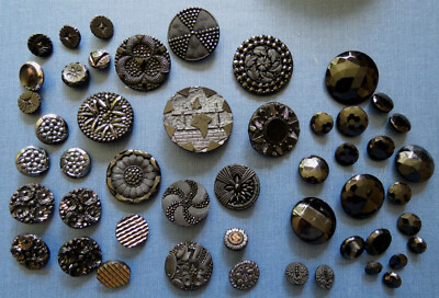 Big Crocheted Beaded Black Glass Beads Large Threadback Antique Button Old Crochet