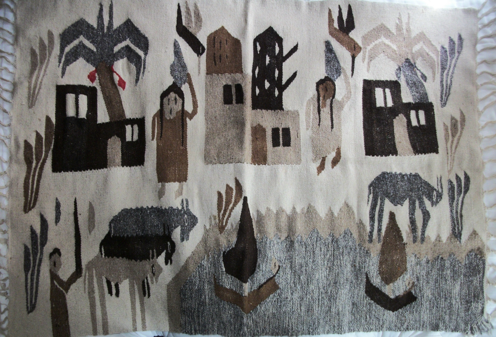 Vintage Egyptian Woven Wool Fringed Area Rug 54