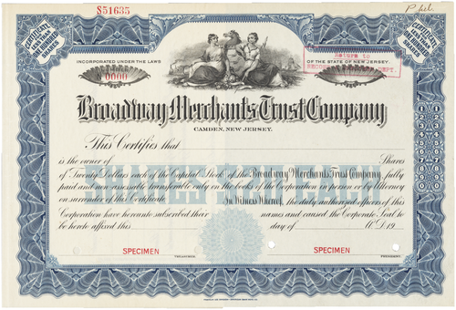 Broadway Merchants Trust Company. Stock Certificate.