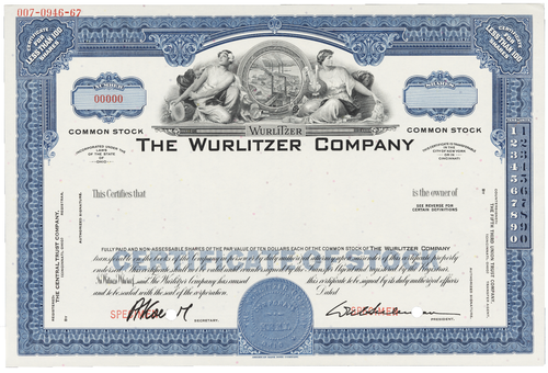 The Wurlitzer Company. Stock Certificate.