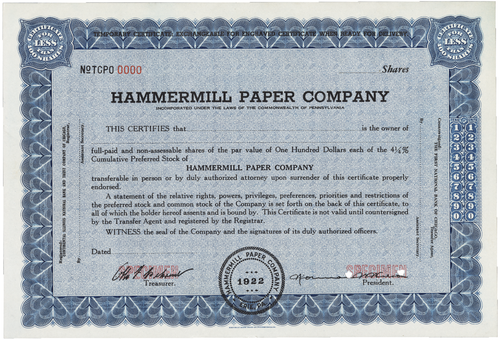Hammermill Paper Company. Stock Certificate