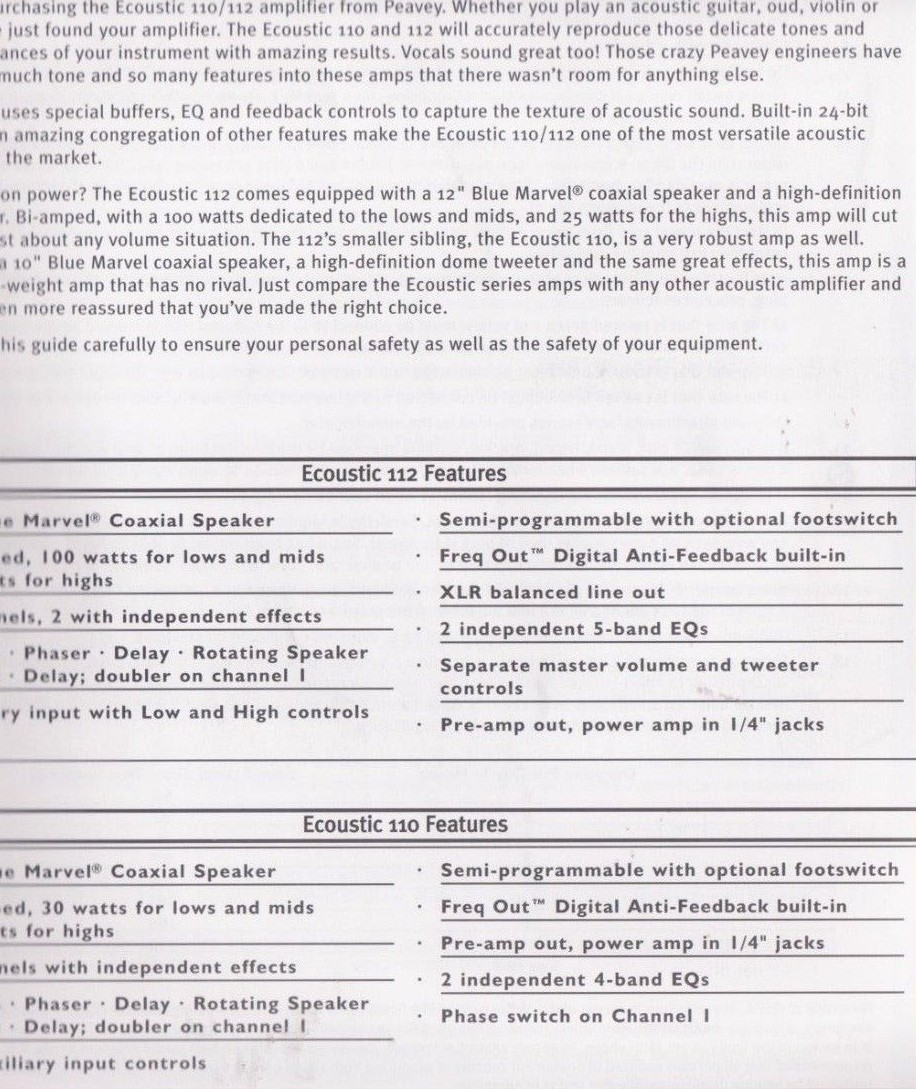 Peavey Acoustic guitar amp Ecoustic 110EFX  With cover, manual. Made in USA