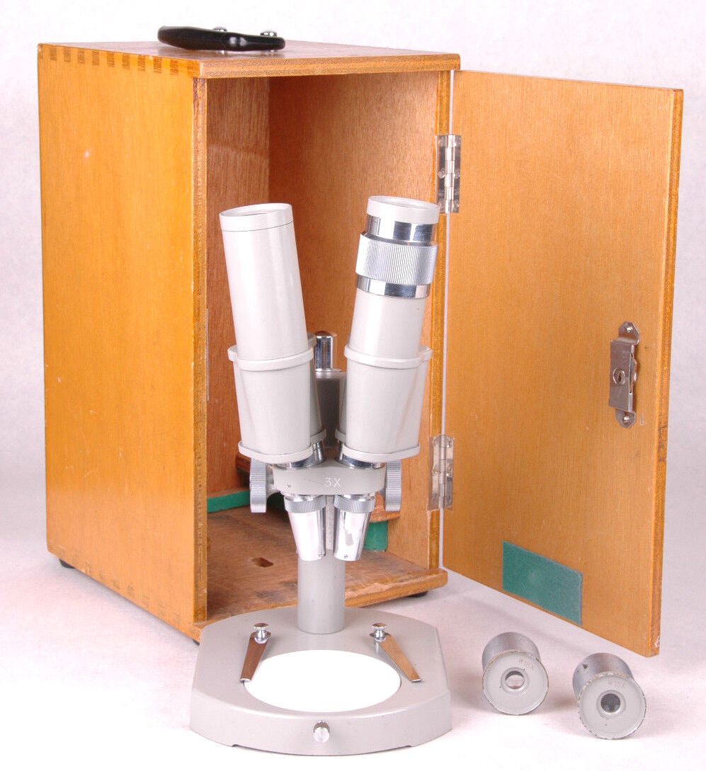 Microscope-Vtg w Wood Box-Assorted Eyepieces-Student Medical S...