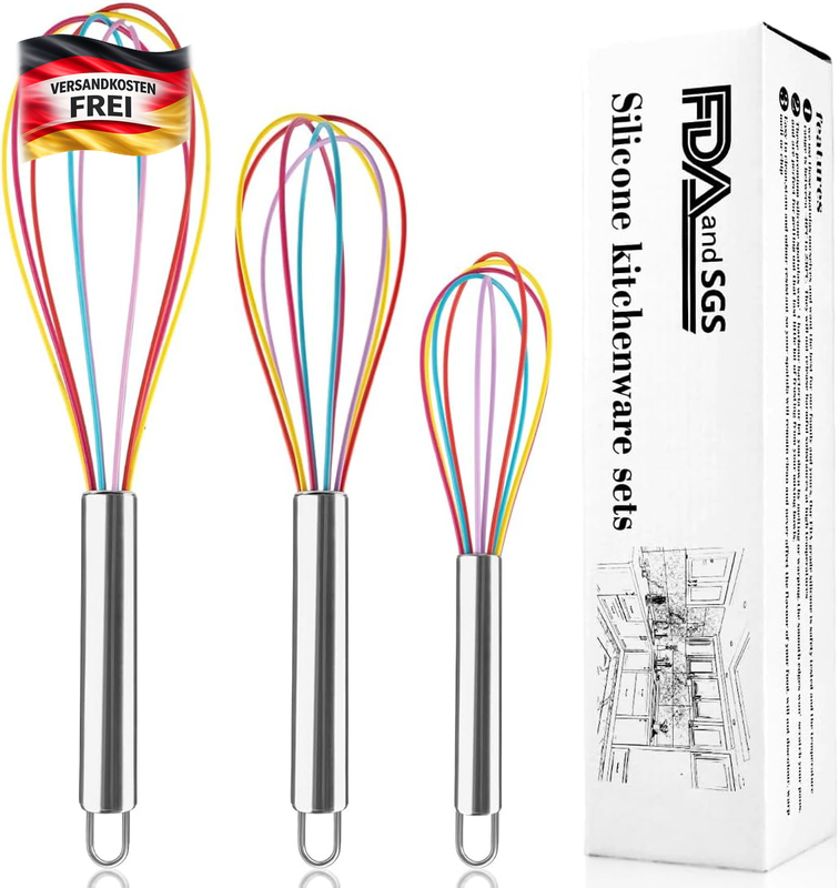 Silikon Schneebesen Set 3 Stück hitzebeständig für Kochen Backen