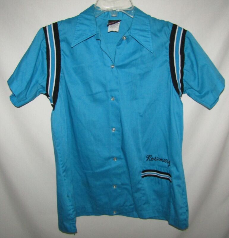 Vintage Teal Hilton Bowling Shirt Womens Size 38-Button Up-Black Embroidery-GUC
