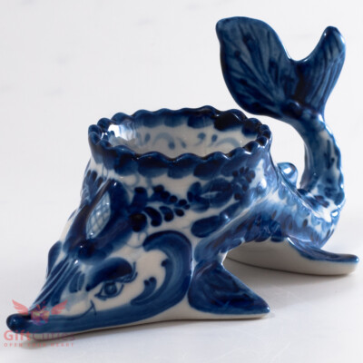 Gzhel Porcelain Caviar server bowl holder fish "Sturgeon" Acipenser Hand painted