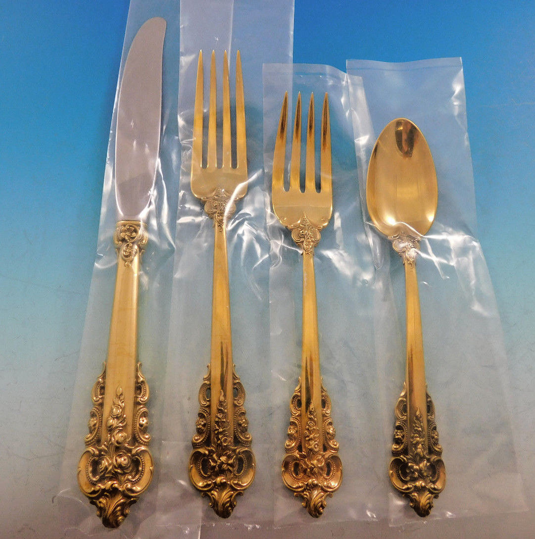 Grande Baroque Gold Wallace Sterling Silver Flatware Set Service 35 pcs