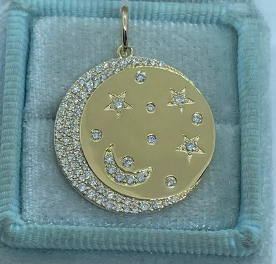 1.50Ct Real Moissanite Women's Moon Star Pendant 14K Yellow Gold Plated Silver
