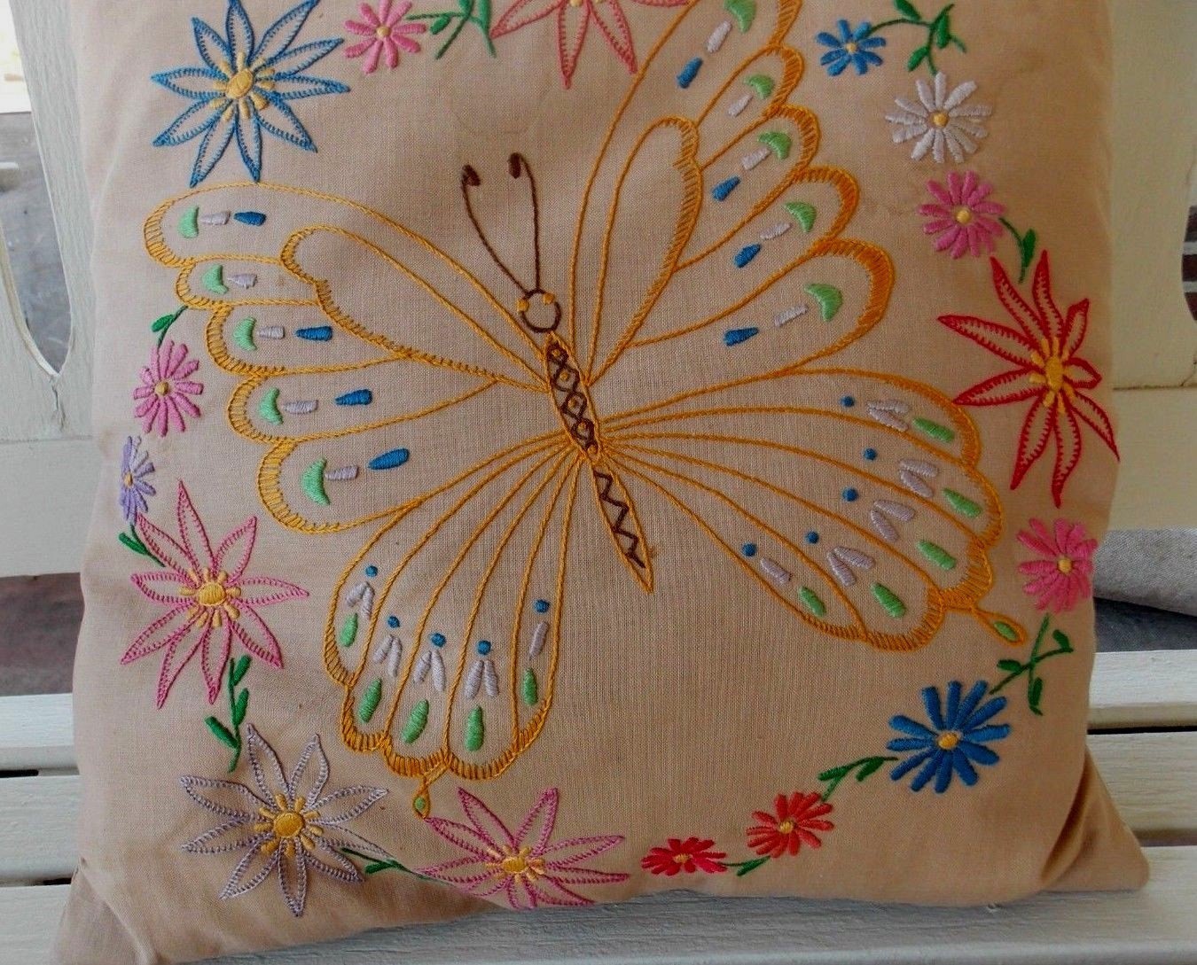 Vintage Mid Century Embroidered Feather Pillow with Butterflies and Flowers